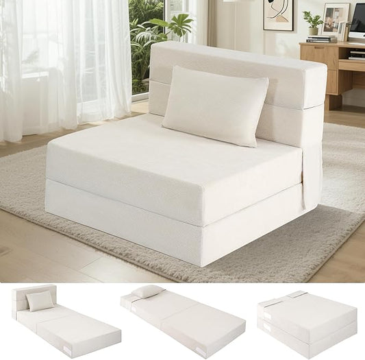 Fvkind Folding Sofa Bed, 4 in 1 Convertible Fold Out Single Chair Bed with Pillow, Memory Foam Futon Chair, Foldable Futon Couch, Foldable Sofa Mattress for Living Room, Bedroom, Guest Room, Beige
