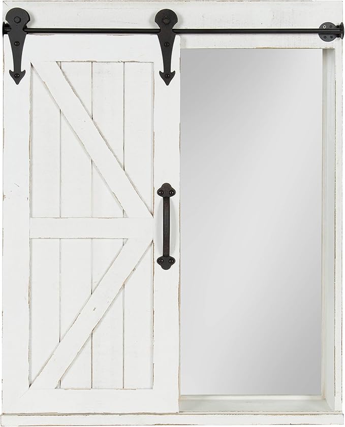 Kate and Laurel Cates Decorative Wood Wall Storage Cabinet with Rectangle Mirror and Sliding Barn Door, 22 x 28, Rustic White, Farmhouse Decor for Wall Storage