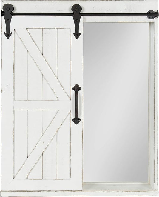 Kate and Laurel Cates Decorative Wood Wall Storage Cabinet with Rectangle Mirror and Sliding Barn Door, 22 x 28, Rustic White, Farmhouse Decor for Wall Storage