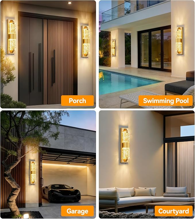 Dusk to Dawn Outdoor Lighting 18.8" Modern Ripple Crystal Porch Light, Waterproof IP65 Hardwired Wall-Mounted Exterior Light for Entryway, Patio, Doorway (Gold)
