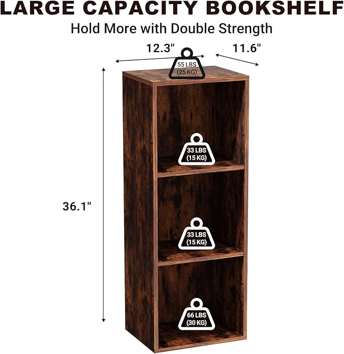 3 Tier Bookshelf, Narrow Bookcase for Small Spaces, Wooden Book Case Bookshelves Storage Organizer for Bedroom Living Room Home Office (Retro Brown, 3 Cube)