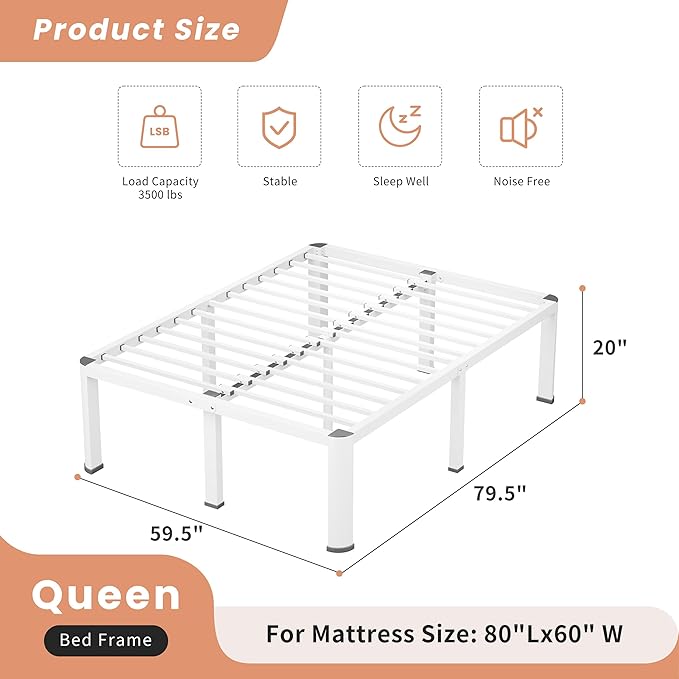 20 Inch White Queen Heavy Duty 3500 lbs Bed Frame with Round-Corner Legs & Anti-Squeak Design – Quick Assembly Metal Platform, No Box Spring Needed
