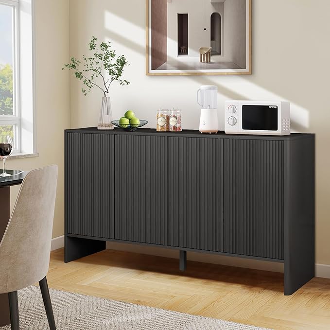 Fluted Sideboard with Doors & Shelves - Buffet & Credenza Storage - Under TV or Bedroom/Entryway Cabinet - Black