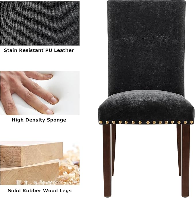 COLAMY Upholstered Parsons Dining Chairs Set of 6, Fabric Dining Room Kitchen Side Chair with Nailhead Trim and Wood Legs - F-Black