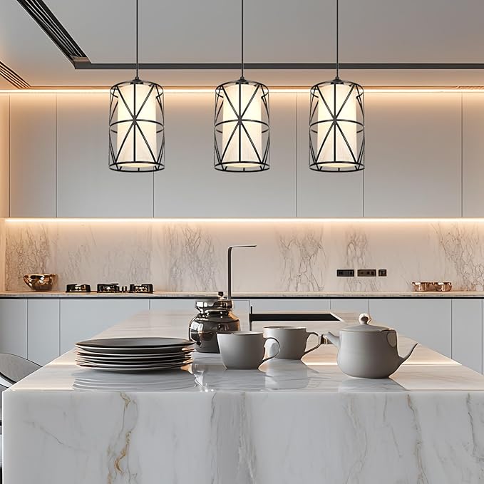 7"×10" Matte Black Pendant Light, Adjustable Height Island Lights for Kitchen with Linen Shade, Modern Kitchen Pendant Lighting Over Island, Dining Room, and Living Room