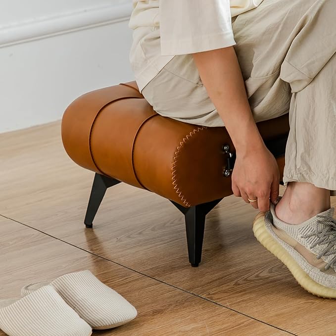 Small Footstool Ottoman - Stylish and Functional Faux Leather Footrest for Extra Seating in Living Room, Entryway, or Office