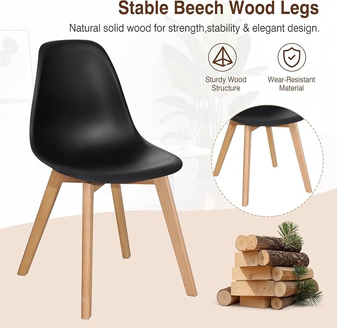 VECELO Dining Chairs Set of 4, Mid-Century Modern Kitchen & Dining Room Chairs, Molded Plastic Seat & Back, Solid Wood Legs, Armless, Non-Slip Feet, Black