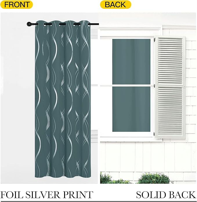 NICETOWN Blackout Curtains Panels for Living Room, Greyish Blue, 52" Wide x 84" Long, 2 Panels, Sound Reducing Thermal Insulated Wave Line Foil Print Design Curtains for Patio Sliding Glass Door