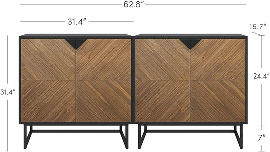 Nathan James Enloe Modern Sideboard Buffet Storage Accent Cabinet TV Stand with Doors in Rustic Pine Wood Finish and Matte Metal Base for Hallway, Kitchen or Living Room, Walnut Brown/Black, Set of 2