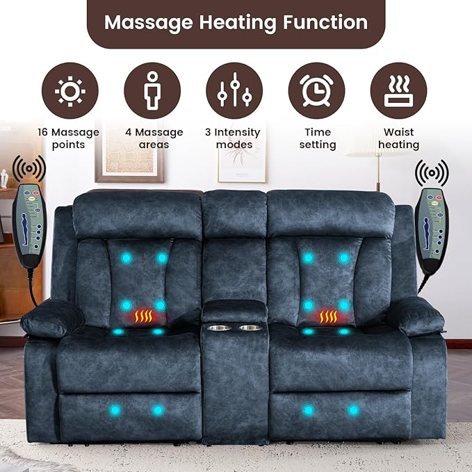 Power Loveseat Recliner Sofa with Heat and Massage, Double Recliner Loveseat with Console, RV Recliners-Wall Hugger Reclining Couch with USB & Type C for Living Room, RV,Home Theater | Heat and Massage, Cup Holder