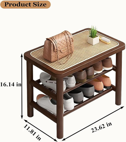 Bamboo Shoe Rack Bench with Rattan Seat, 3-Tier Shoe Storage Bench, Entryway Bench for Hallway Walnut-23.62 inches