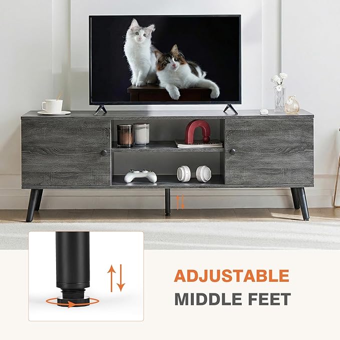 Sweetcrispy TV Stand for 55 60 inch TV, Modern Mid Century Entertainment Center with Storage, Media Console Table 2 Cabinet, Soft Hinge, Handle Door, Wooden Living Room, Office Furniture, Grey