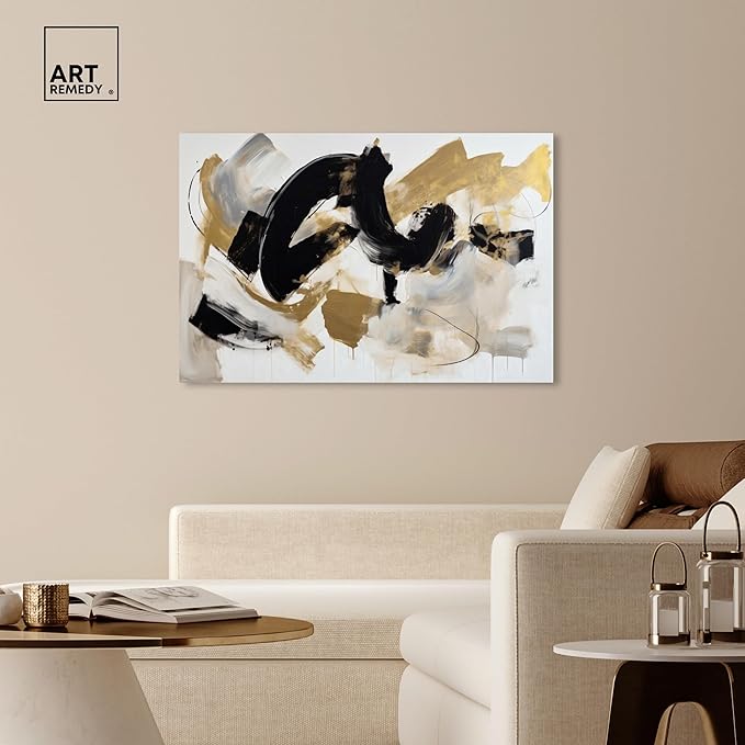 Art Remedy Moved Abstraction Canvas Modern Black White Abstract Wall Art, Gallery Wrapped, 54" x 36"