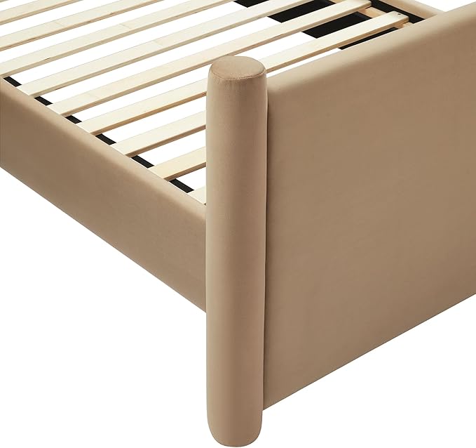 Modway Rael Full Platform Bed Frame with Upholstered Headboard and Footboard in Taupe – Stain-Resistant Performance Velvet Full Size Bed with Rounded Posts