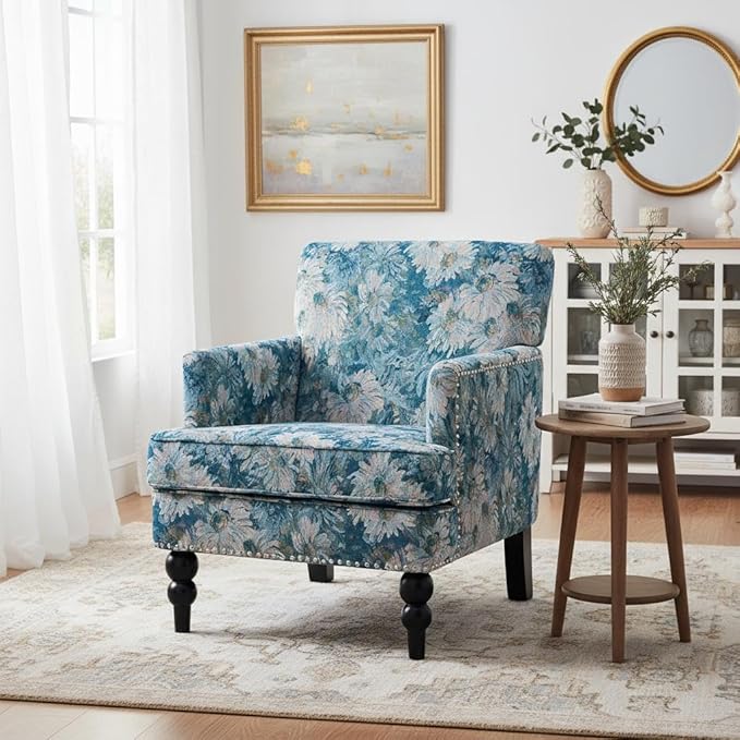Christopher Knight Home Eve Modern Upholstered Club Chair, Wooden Living Room Accent Chair, Bedroom Comfy Reading Chair, Multifunctional Armchair, Blue Floral