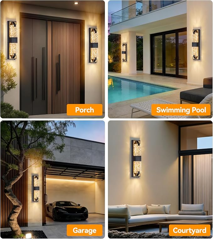 HITTO Dusk to Dawn Outdoor Lighting,18.8'' Porch Lights Outdoor IP65 Waterproof Exterior Lighting Fixtures 12W LED Ripple Crystal Modern Outdoor Light for House, Garage, Doorway, Patio,(Black&Gold)