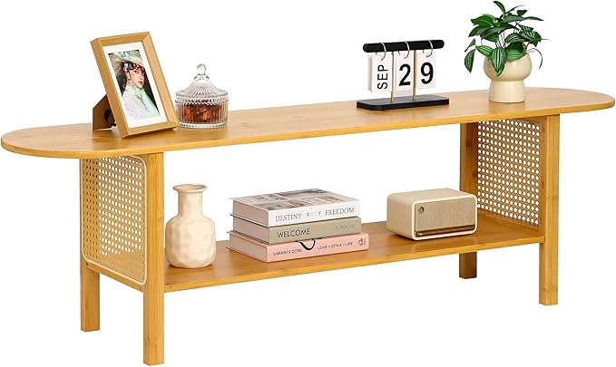Bamboo TV Stand for TVs up to 65", Accent Entertainment Center with Storage, Media Console Table with Rattan, Modern TV Stand for Living Room, Bedroom, 55"(L), Burlywood
