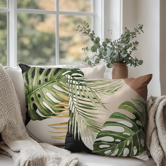 Tropical Palm Leaves Decorative Throw Pillow Covers 18x18 Inch Set of 2 Summer Green Banana Leaf Monstera Plant Pillow Cases Modern Farmhouse Outdoor Cushion Cases for Home Couch Sofa