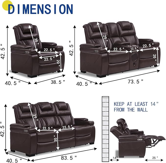 THSUPER Power Breathable Leather Reclining Sofa Set with 7-Color LED Light, Living Room Recliner Couch with Adjustable Headrest/Reading Light/USB Port/Wireless Charing/Bluetooth Speaker, Brown