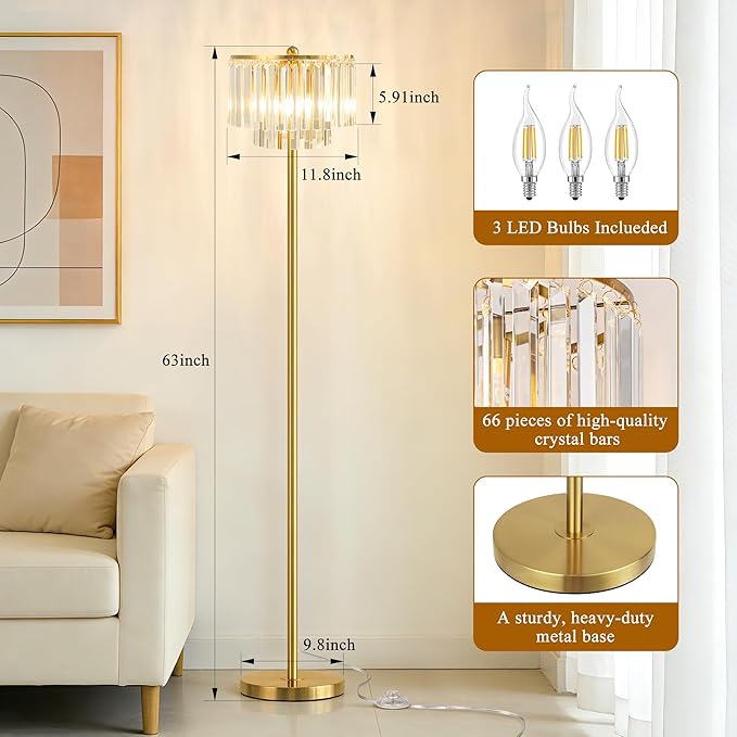 QiMH Floor Lamps for Living Room, Gold Floor Lamp with On/Off Foot Switch, Standing Lamp with Double Layer Crystal Bars Lampshade, 63" Tall Floor Lamps for Bedroom Corner Office(3 Bulbs Included)
