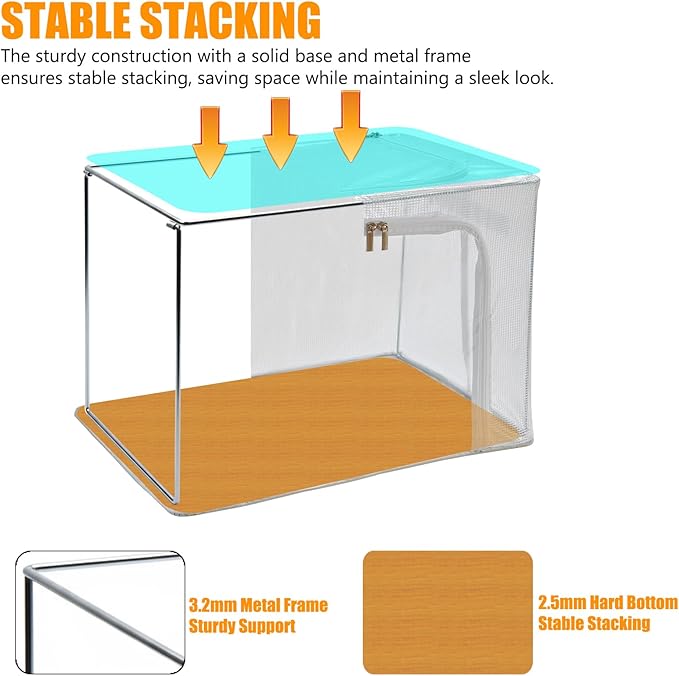 Clear Stackable Clothes Storage Bins with Metal Frame, Foldable Storage Box with Lid, Bedroom, Closet Organizers and Storage Container with Zippers & Durable Handles (Clear, 2 Pack)