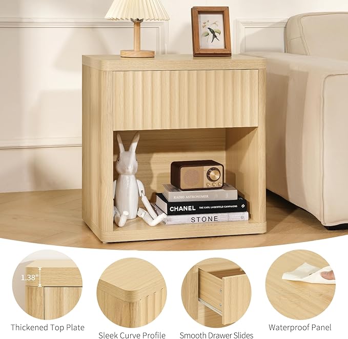 Night Stand Fluted Nightstand with Drawers, Wood Bedside Table with Storage Shelf, Bed Side Table for Bedroom, End Tables Living Room, Farmhouse Nightstands Night Stands, Sofa Side Tables