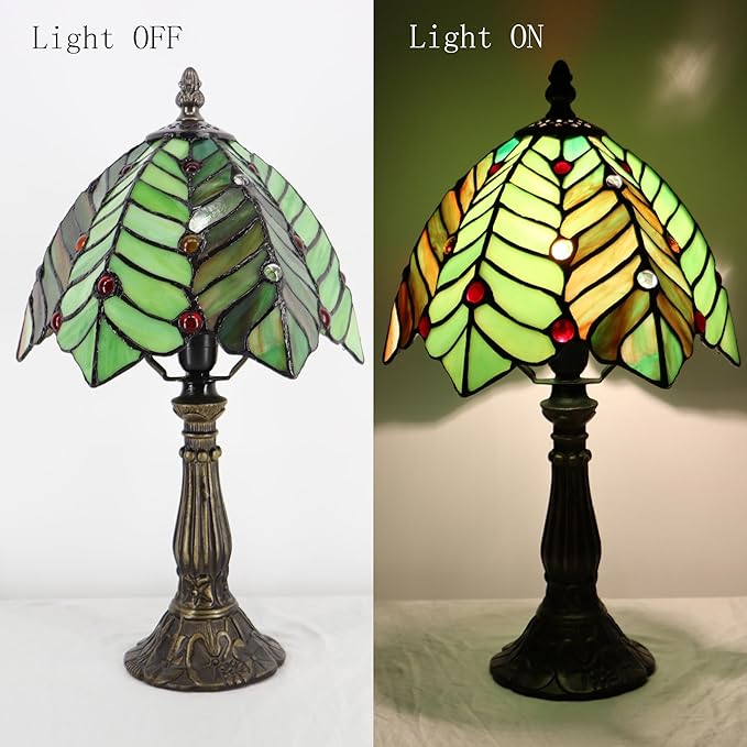 Small Tiffany Lamp Mini Accent Table Lamp Stained Glass Desk Memory Lamp Sympathy 8X14.5 Inch (Brown Green Leaf)