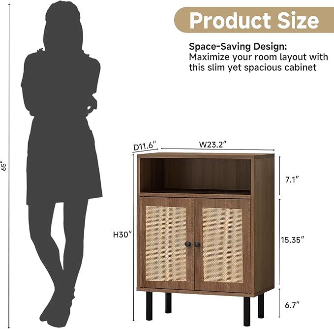 Rattan Storage Cabinet, Boho Accent Cabinet with Double Doors, Small Freestanding Sideboard for Hallway, Laundry Room,Kitchen, Dining Room, Entryway (Walnut)