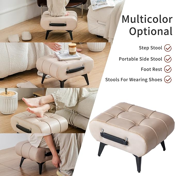 Small Footstool Ottoman - Stylish and Functional Faux Leather Footrest for Extra Seating in Living Room, Entryway, or Office