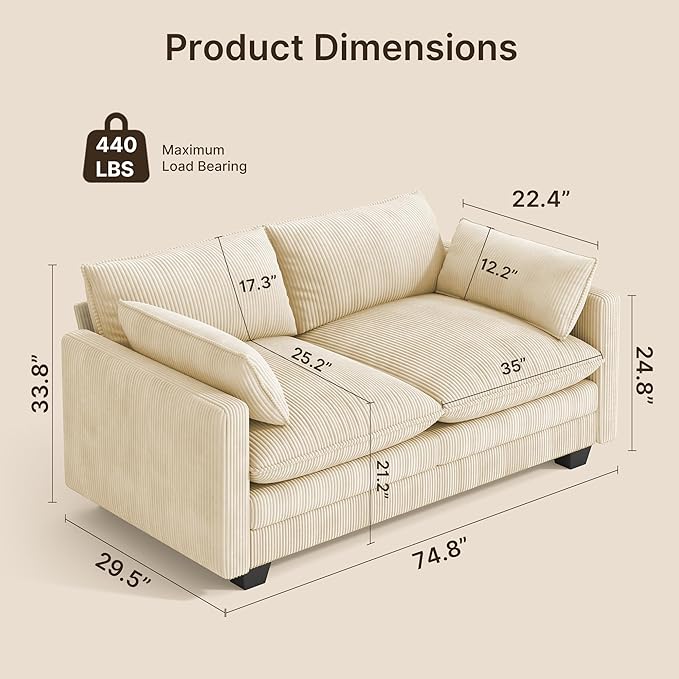 Gizoon 75” Small Cloud Loveseat Couches for Living Room, 2 Seater Love Seat Sofa with Comfy Deep Seat, Small Washable Couches with Removable Corduroy Cover for Apartment, Beige