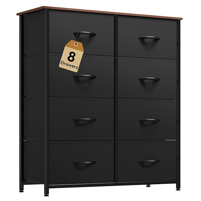 DWVO Dresser with 8 Drawers - Fabric Storage Tower, Organizer Unit for Bedroom, Hallway, Closets - Sturdy Steel Frame, Wooden Top & Easy Pull Fabric Bins (Burlywood Grain)