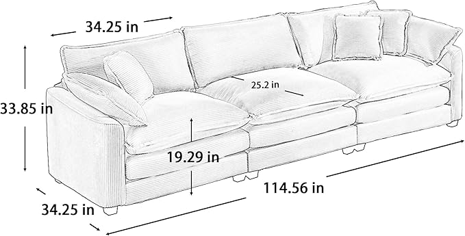 KEIKI 3-Piece Sofa Set with 1 Oversized Corduroy 3-Seater Sofa & 2 Single Sofa, Upholstered 5-Seater Couch Set with 7 Pillow, High-Density Foam Cushions, Removable Armrests, for Living Room, Grey