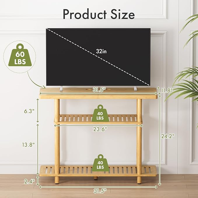 Bamboo TV Stand, Small TV Stands for up to 32 Inch, 3-Tier Entertainment Center TV Shelf with Storage, Sturdy Corner TV Stand for Small Spaces, 31.5 x 24.2 x 11.8 inches