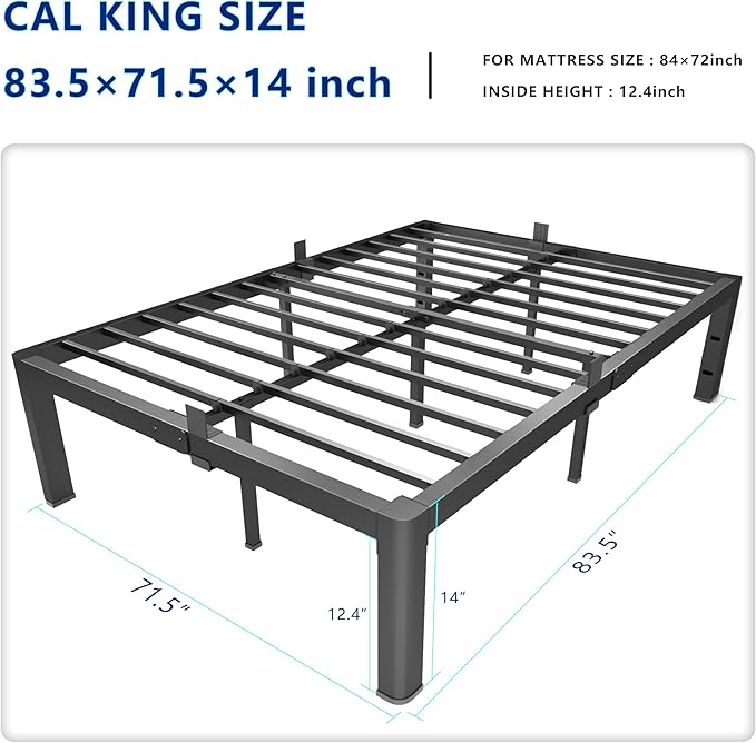 14 Inch Cal King Metal Platform Bed Frame with Round Corner and Mattress Retainers, 3500lbs Heavy Duty Steel Slats Support, No Box Spring Needed, Easy Assembly, Noise Free
