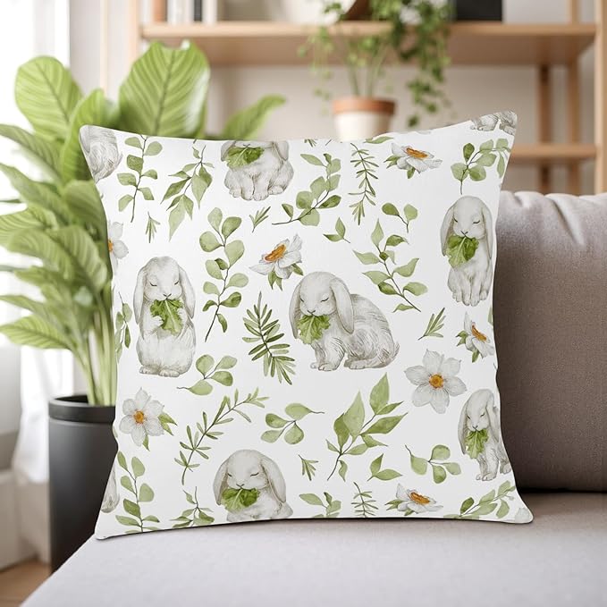 Easter Outdoor Pillow Covers 20x20 Set of 2 Sage Green Bunny Floral Leaf Throw Pillow Covers Spring Rabbit Flower Farmhouse Pillowcase for Home Couch Sofa Decor