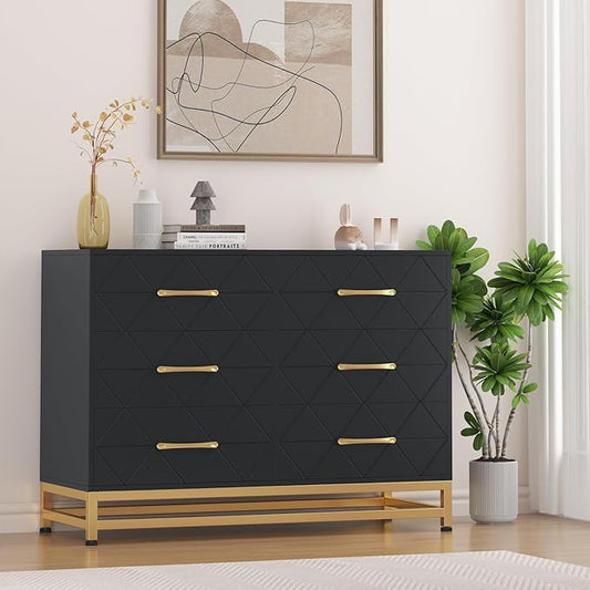 GarveeHome Black Dresser for Bedroom with 6 Drawers, Wood Chest of Drawers, TV Stand, Morden Dresser for Closet, Living Room, Hallway, Nursery
