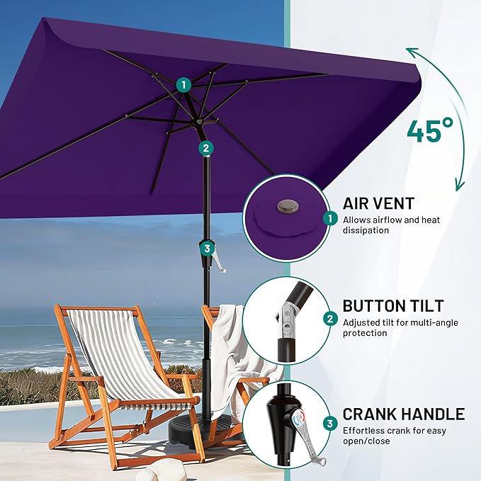 AreShark 6.5 x 10 FT Rectangular Valance Patio Umbrella, Outdoor Umbrella with Tilt and Crank, Market Table Umbrellas W/ 6 Ribs UV Protection for Garden, Deck, Backyard and Pool, Dark Purple