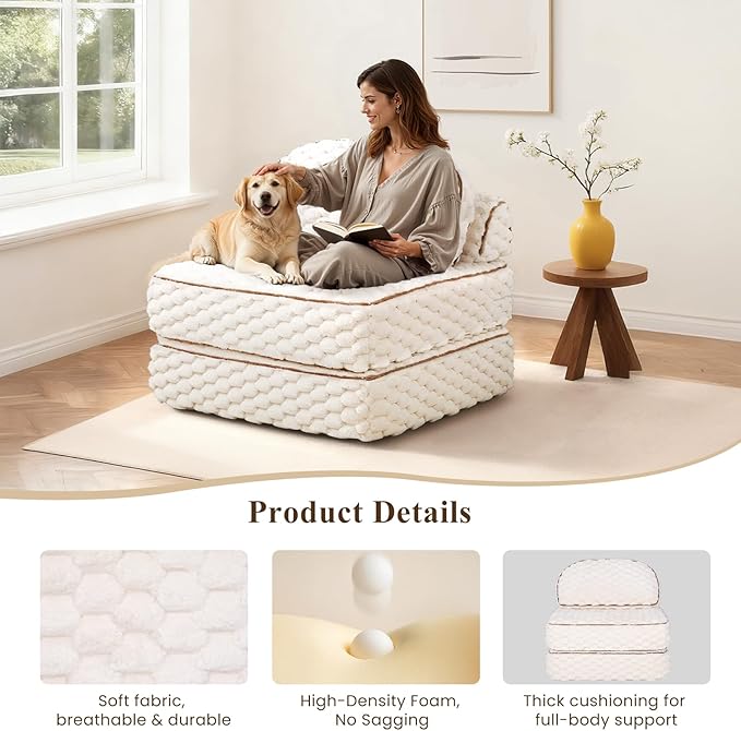 MALOL Folding Sofa Bed, 3-in-1 Convertible Sleeper Chairs with Pillow,Back Support, Fuzzy Fabric Floor Couch Bed for Adults, Boneless Couches Living Room, Bedroom, Apartment,Beige
