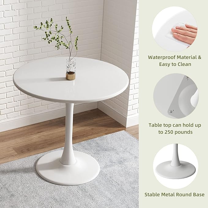 Modern White Round Dining Table 24 inch, White Tulip Round Table for Two People, Mid Century Round Coffee Table for Living Room and Kitchen