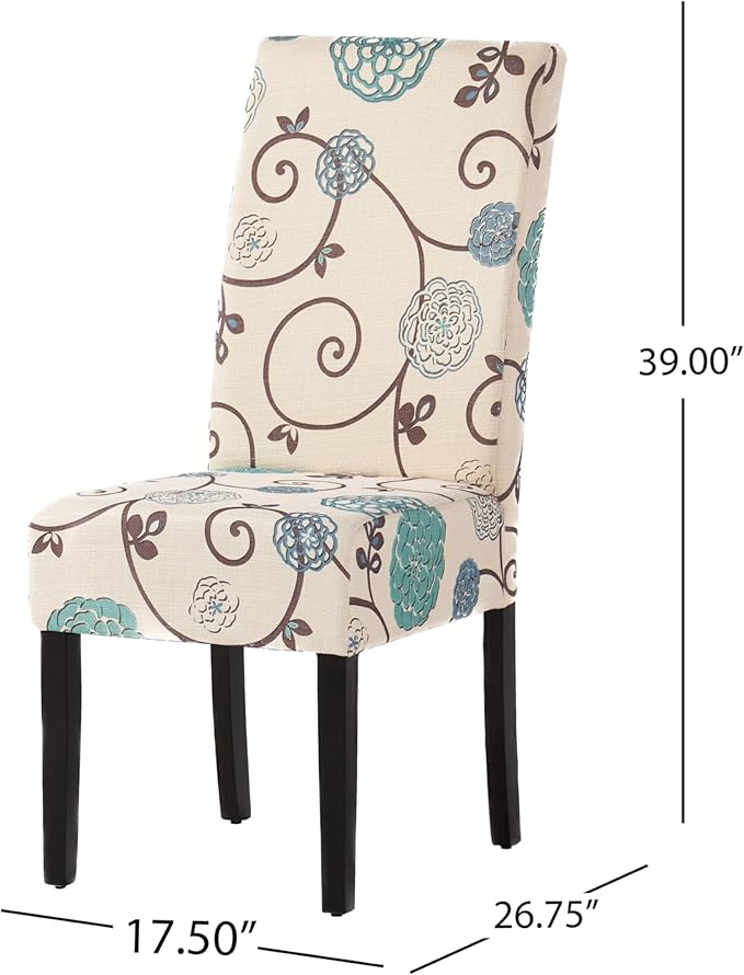 Evangeline Contemporary Fabric Dining Chairs (Set of 4), Light Beige with Blue Floral
