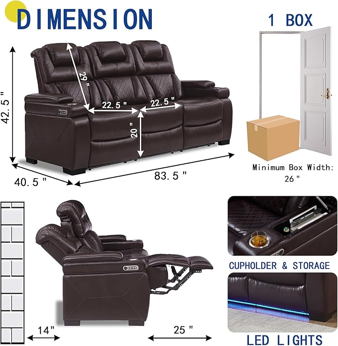 THSUPER Power Breathable Leather Reclining Sofa with 7-Color LED Light, Living Room Recliner Couch with Adjustable Headrest/Reading Light/USB Port/Storage Arm/Drop Down Table for Living Room, Brown