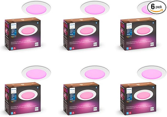 Philips Hue Smart Slim 5/6 Inch LED Recessed Light - White and Color Ambiance - 6 Pack - 1200LM - Indoor Ceiling - Control with Hue App - Works with Voice Assistants