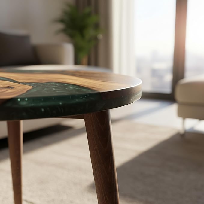 20" Resin Walnut Round Side Table | Epoxy End Table | Coffee Table | Mid Century Modern Resin Walnut | Living Room Furniture | Green Color