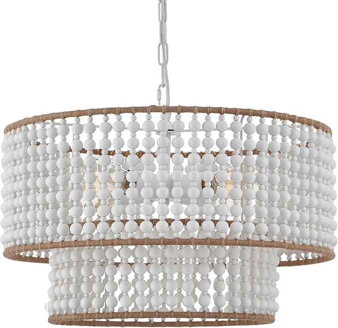 Dia 22 Inch Boho Wood Bead Chandelier Farmhouse, Bohemia Dining Room Light Fixture Over Table, White Bead Pendant Chandelier for Bedroom Kitchen Hallway Entryway Nursery Living Room Foyer