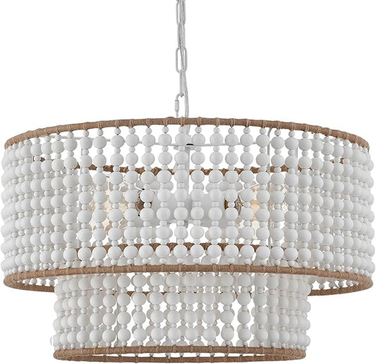 Dia 22 Inch Boho Wood Bead Chandelier Farmhouse, Bohemia Dining Room Light Fixture Over Table, White Bead Pendant Chandelier for Bedroom Kitchen Hallway Entryway Nursery Living Room Foyer