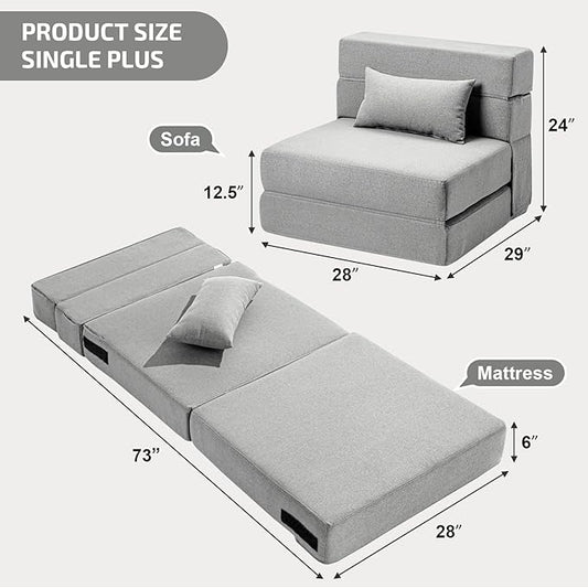 SUYOLS Folding Sofa Bed with Pillow- Convertible Chair Floor Couch & Sleeping Mattress, Foldable Memory Foam Sleeper for Living Room/Dorm/Guest Room/Home Office/Apartment/Loft, Single28, Light Gray