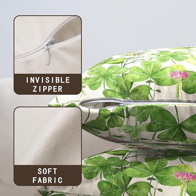 Green Shamrock St Patricks Day Pillow Covers 20x20 Set of 2 Watercolor Lucky Clovers Floral Pillow Cover Spring St. Patrick's Day Outdoor Decorative Pillow Case for Home Couch Sofa
