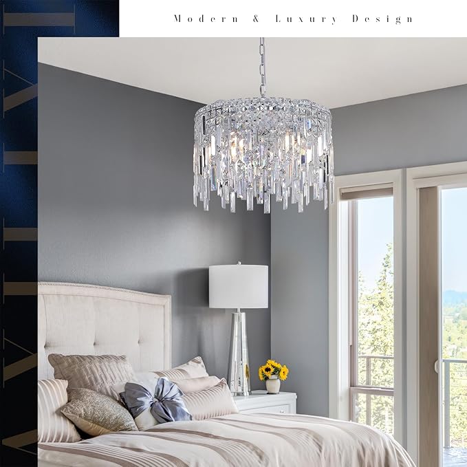 Round Crystal Chandelier Modern 20" Drum Chandelier with Chain Chrome Adjustable K9 Raindrop Crystal Ceiling Pendant Fixtures 2 Tiers for Dining Room Bedroom Living Room
