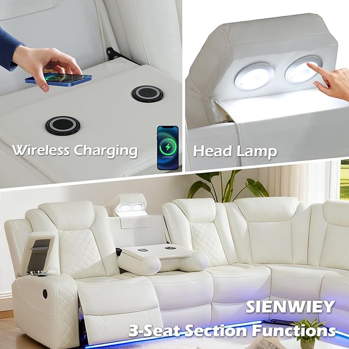 Leather Power Recliner Sectional Sofa Set with LED Light,L Shaped Leather Couch Set with 5 Recliner Seats,Modular Couch with USB Ports for Living Room Furniture(White, Sectional+Sofa+Chair)