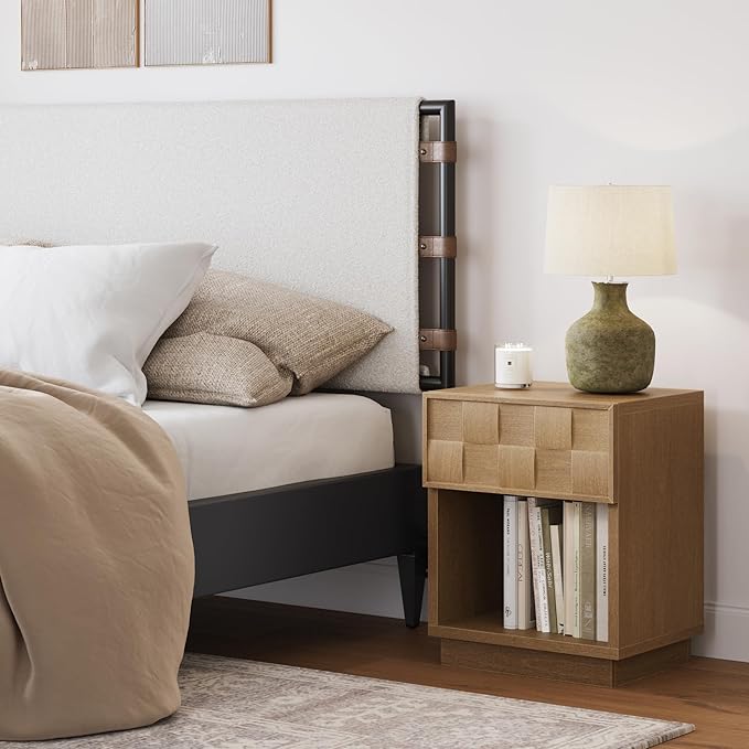 Nathan James Paige Mid Century Modern Nightstand with 1 Drawer, Rustic Bedside Table with Sculpted Drawer Front and Open Bottom Shelf, Light Brown